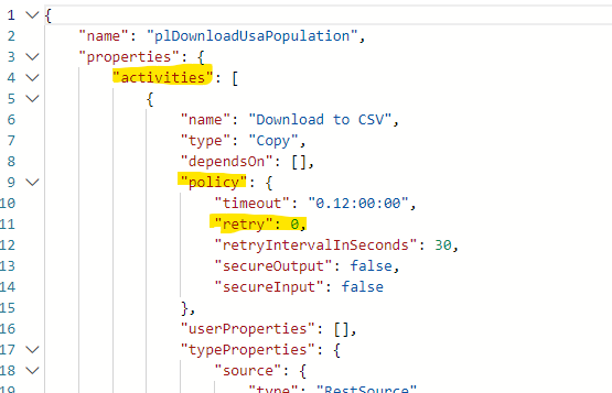 Screen capture showing the pipeline source code with the Retry hierarchy highlighted